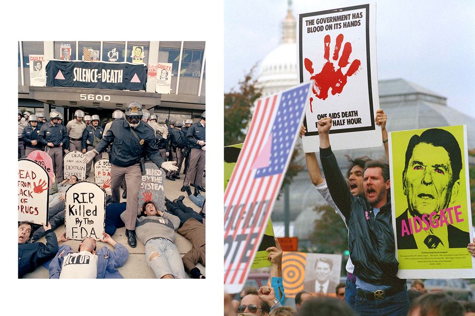 Crowd of people at the HIV riots, while police forces observes them